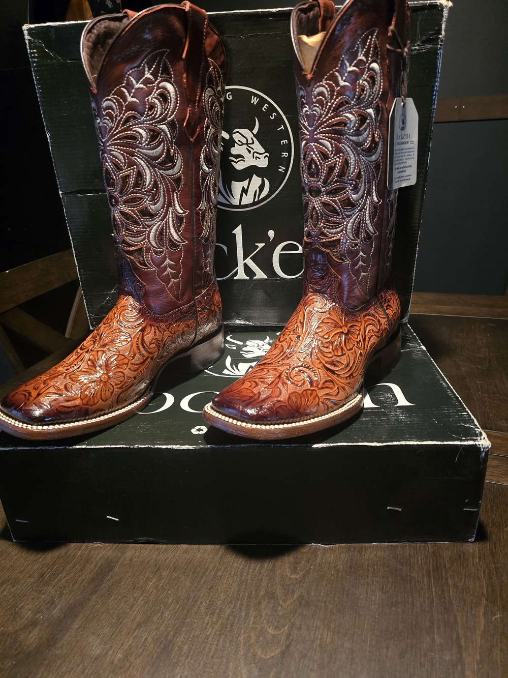 Rock'em W9.5 Stitched Floral Tooled Leather Cowboy Boots - Brown